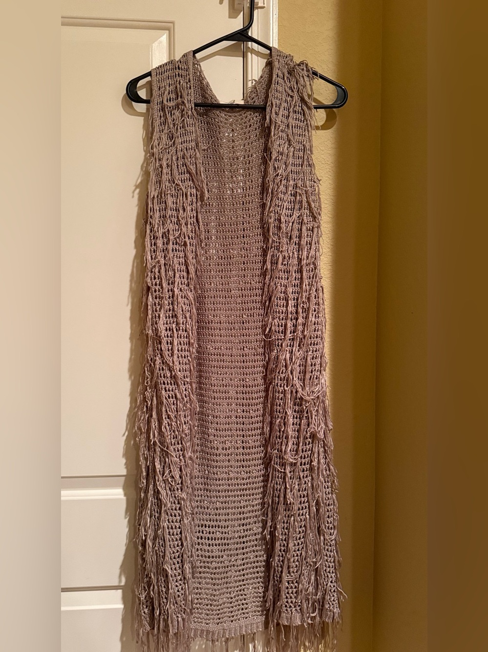 easel Taupe Fringe Open-Knit Long Vest